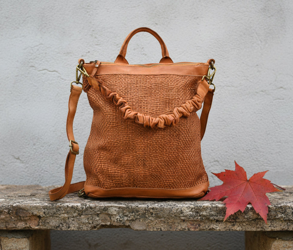 Convertible Woven Leather Backpack / Shoulder Bag with Ruffled