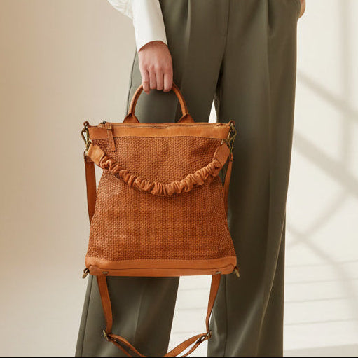 Convertible Woven Leather Backpack / Shoulder Bag with Ruffled