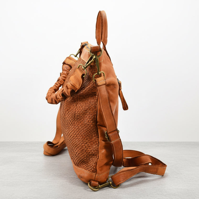 Convertible Woven Leather Backpack / Shoulder Bag with Ruffled