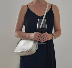 Silver Leather Crossbody Bag With Gold Chain