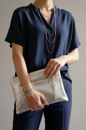 silver leather clutch