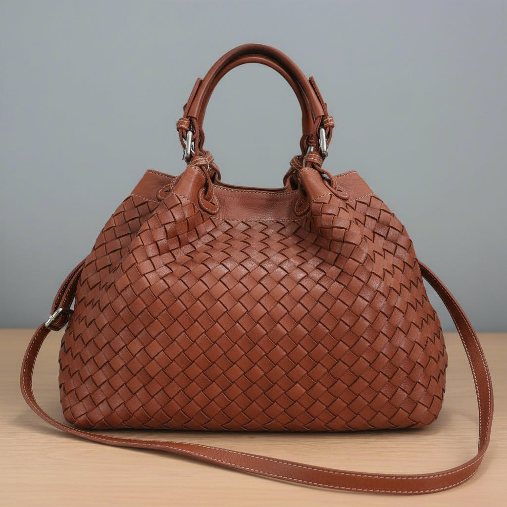 Distressed Woven / Smooth Leather Hobo / Bucket Bag