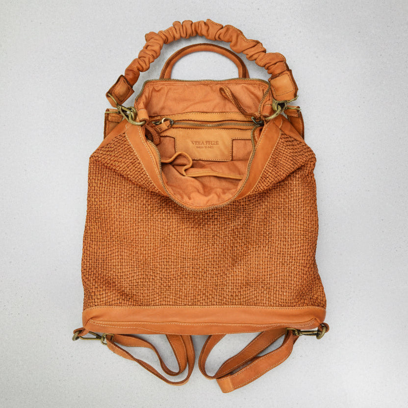 Convertible Woven Leather Backpack / Shoulder Bag with Ruffled