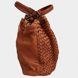 Distressed Woven / Smooth Leather Hobo / Bucket Bag