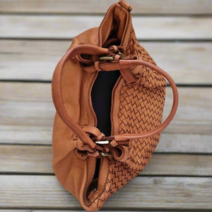 Distressed Woven / Smooth Leather Hobo / Bucket Bag