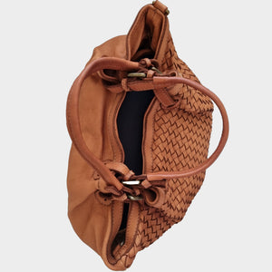 Distressed Woven / Smooth Leather Hobo / Bucket Bag
