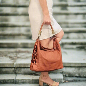 Distressed Smooth Leather Hobo with Blocky Hardware