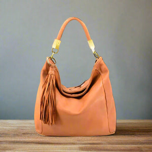 Distressed Smooth Leather Hobo with Blocky Hardware