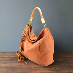 Distressed Smooth Leather Hobo with Blocky Hardware