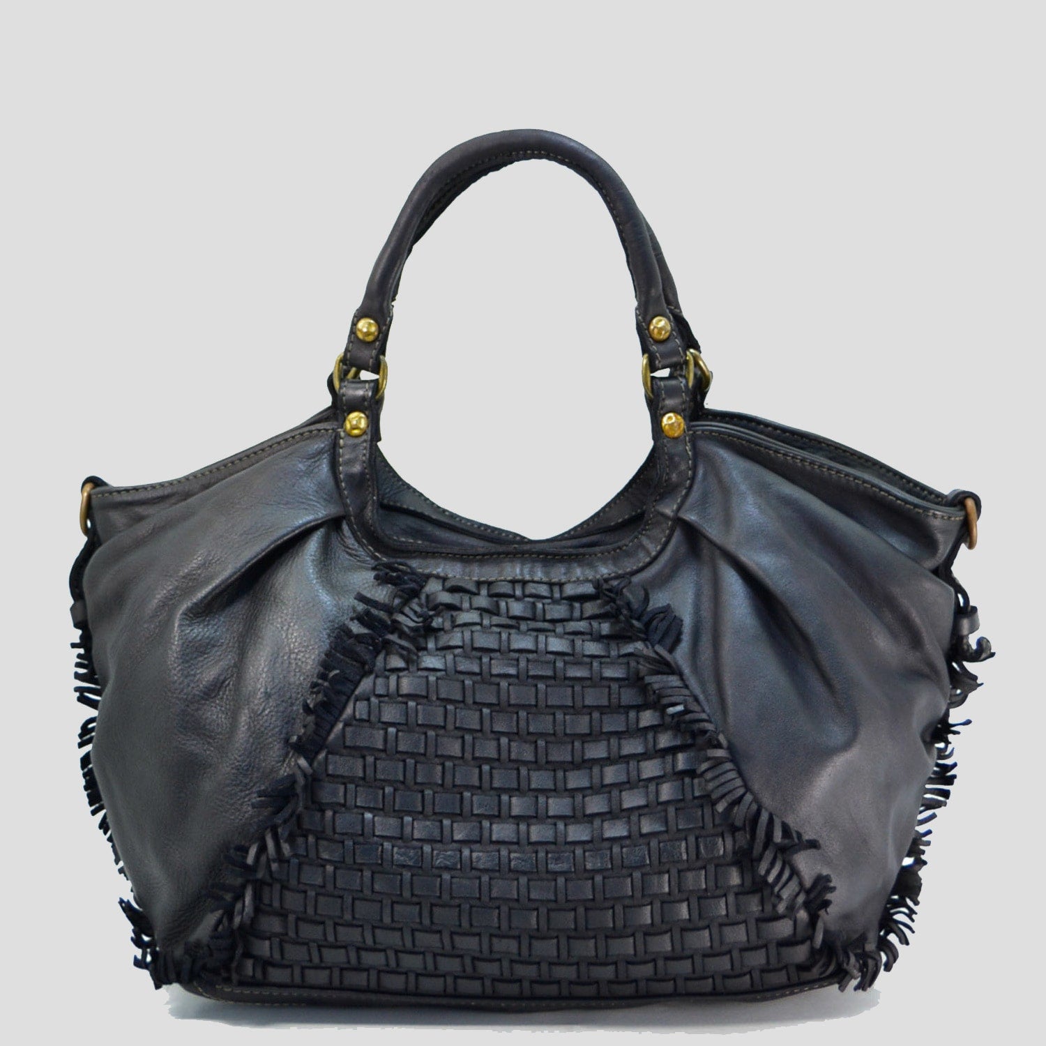 CLEARANCE One Left - Distressed Woven & Smooth Leather Hobo With Fringes