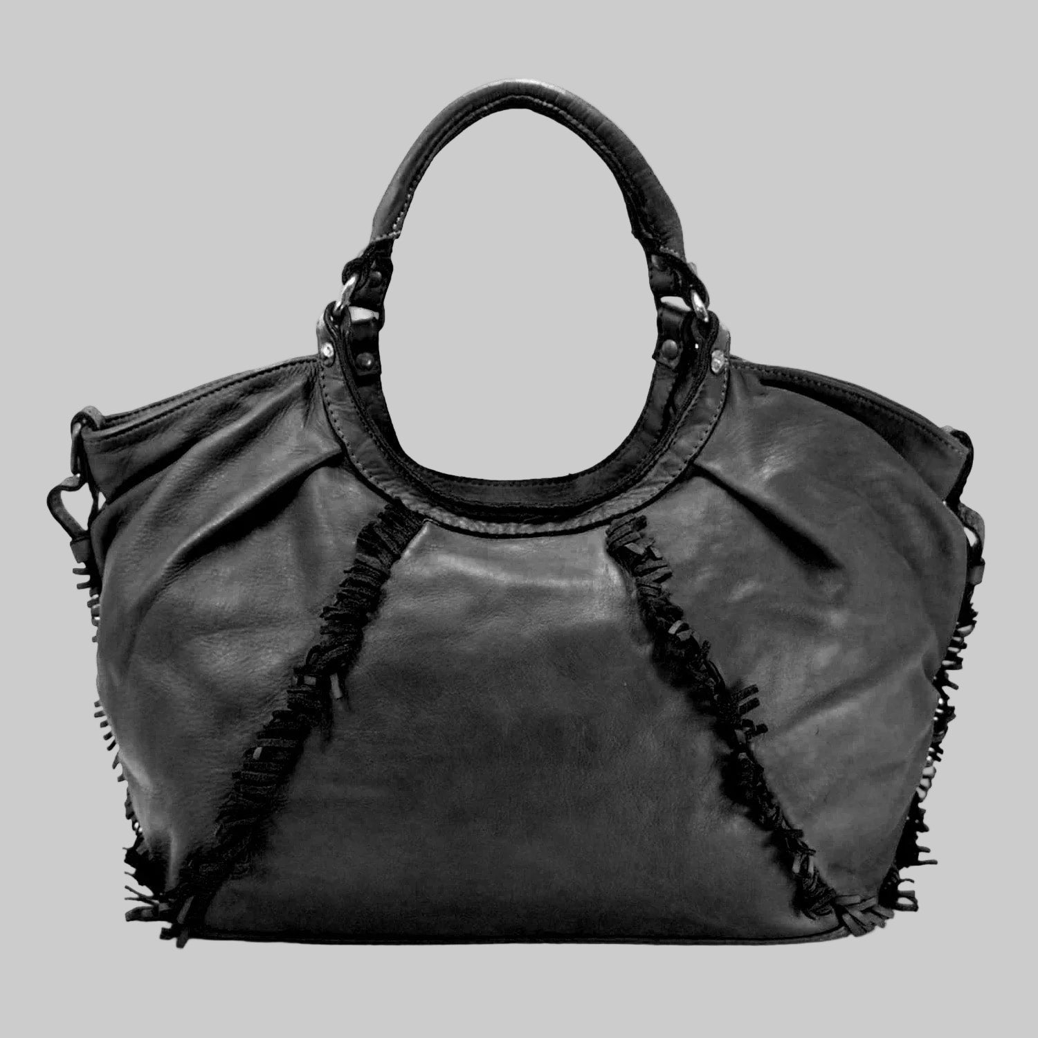 CLEARANCE One Left - Distressed Woven & Smooth Leather Hobo With Fringes