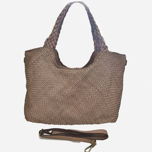 Large Woven Leather Tote in Taupe
