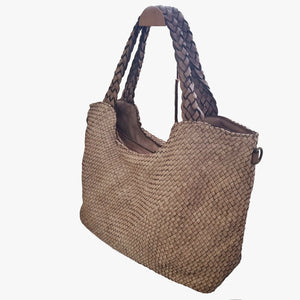 Large Woven Leather Tote in Taupe