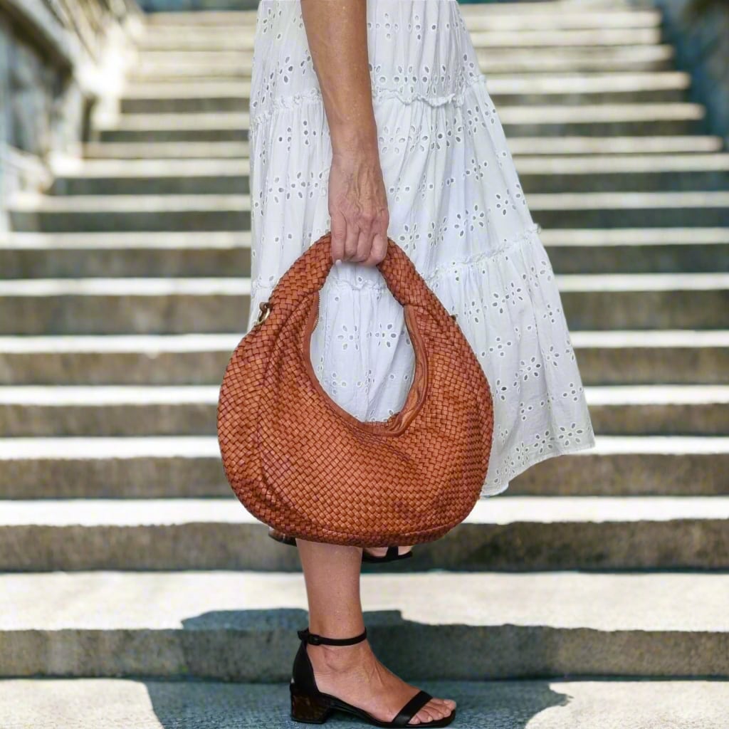 Round Woven Leather Crossbody Bag
