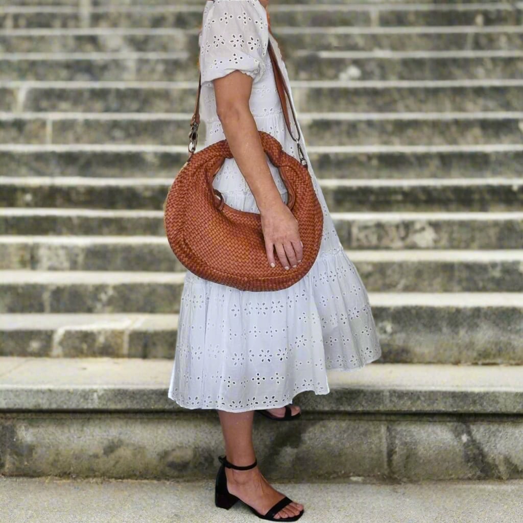 Round Woven Leather Crossbody Bag