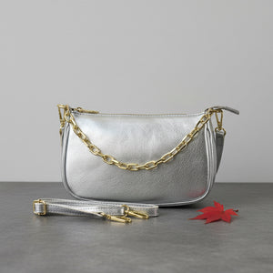 Silver Leather Crossbody Bag With Gold Chain