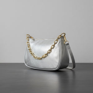 Silver Leather Crossbody Bag With Gold Chain