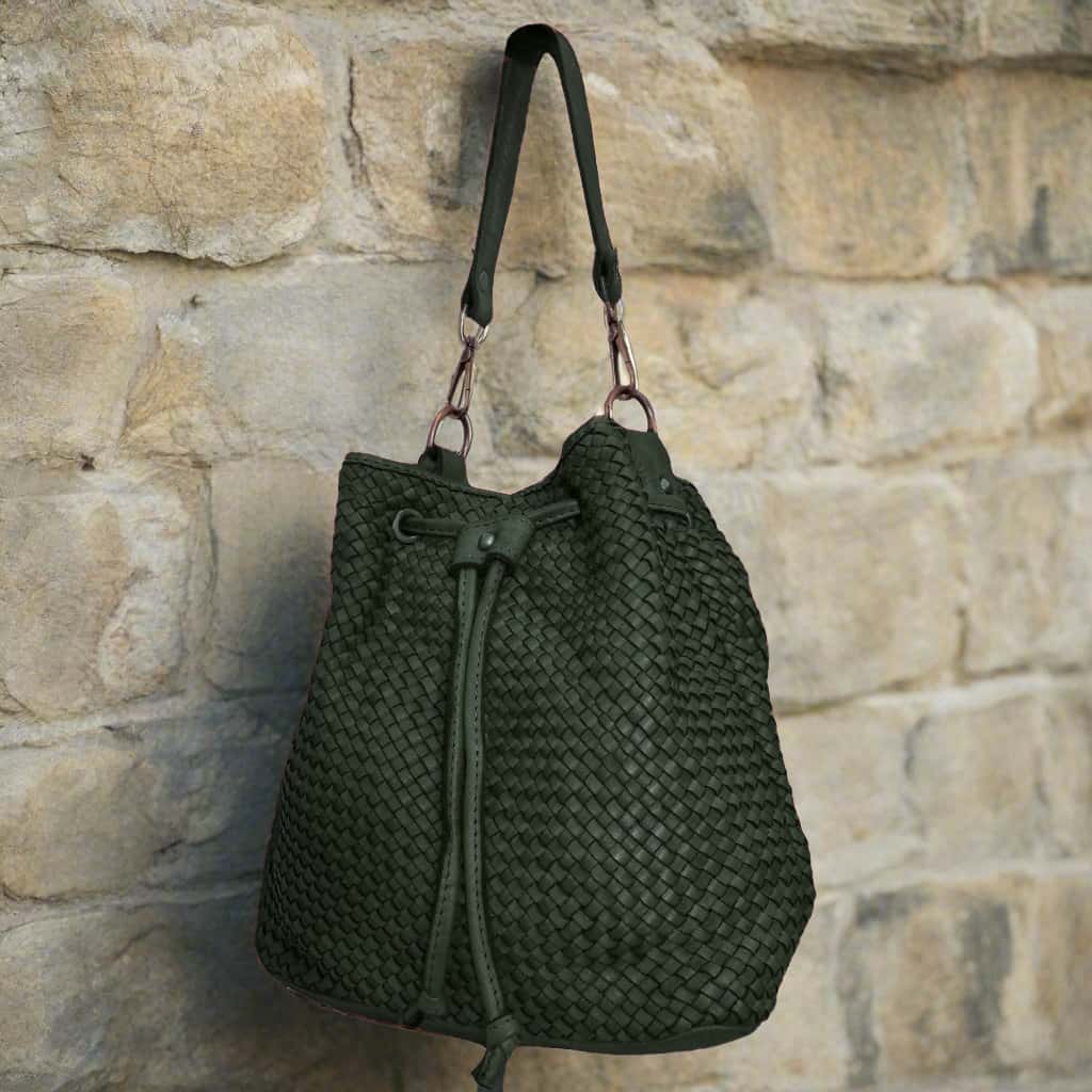Woven Genuine Leather Bucket Bag / Crossbody - Medium