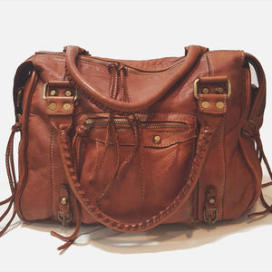 Distressed Leather City Bag in Cognac