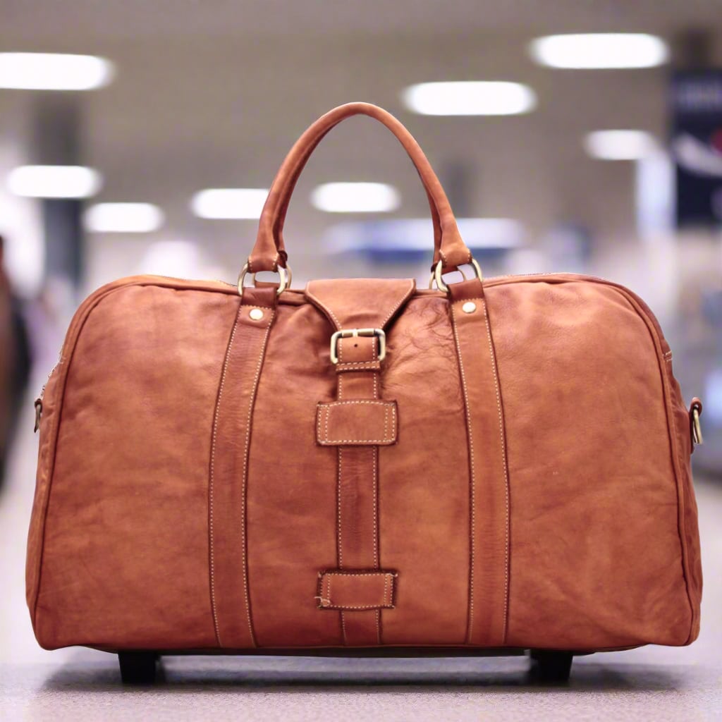 Washed Leather Weekender / Carry-On Bag in Cognac Brown