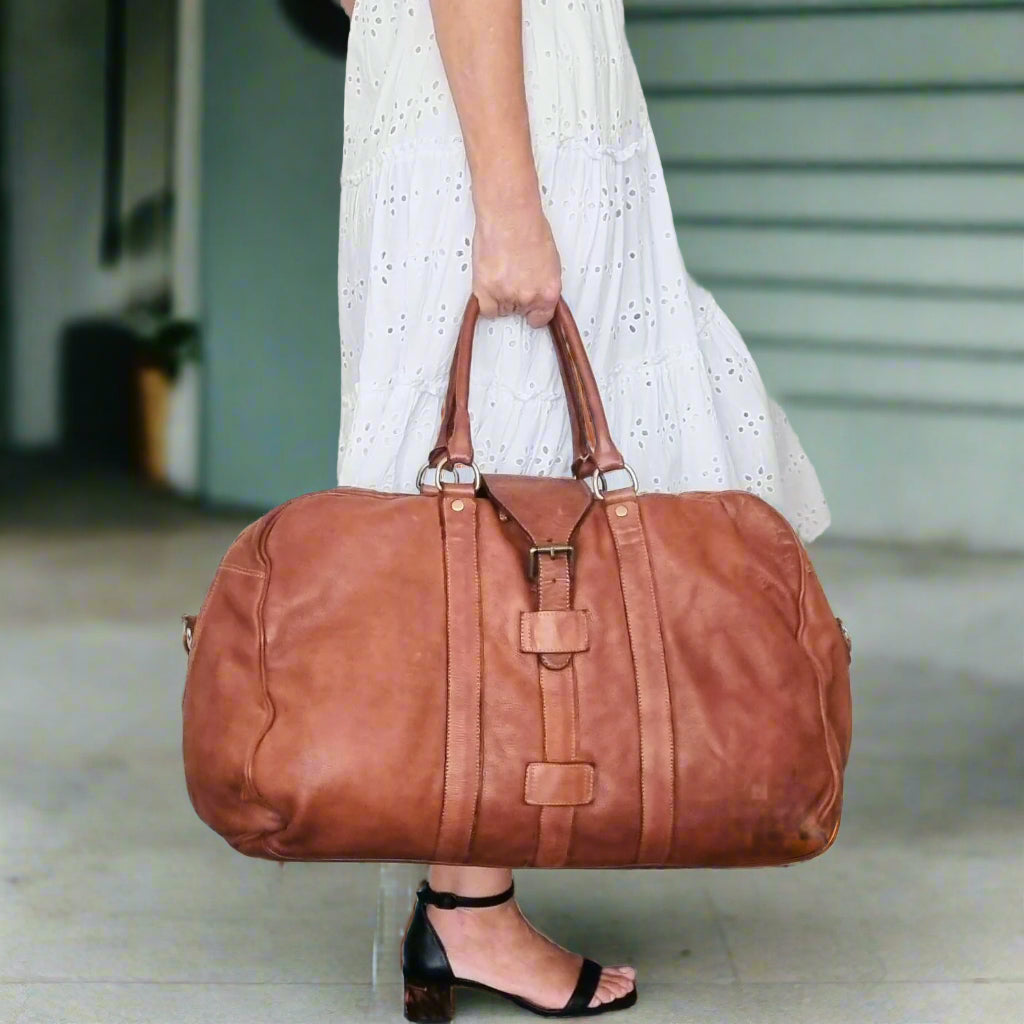 Washed Leather Weekender / Carry-On Bag in Cognac Brown