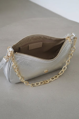Silver Leather Crossbody Bag With Gold Chain
