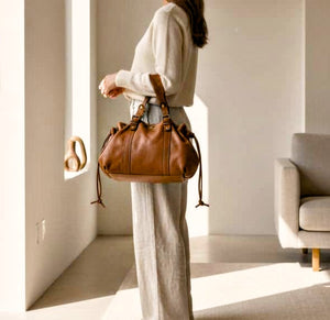 Distressed Smooth Leather Shoulder / Handbag with Side Drawstrings