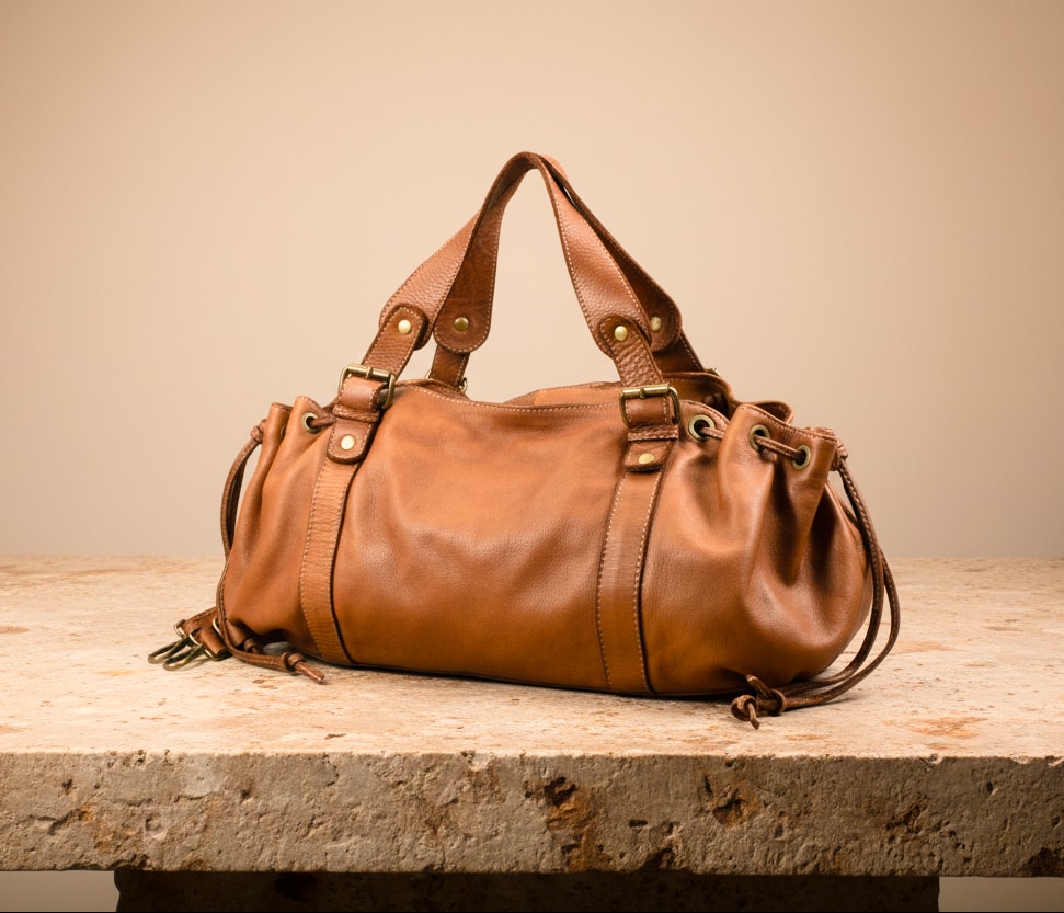 Distressed Smooth Leather Shoulder / Handbag with Side Drawstrings