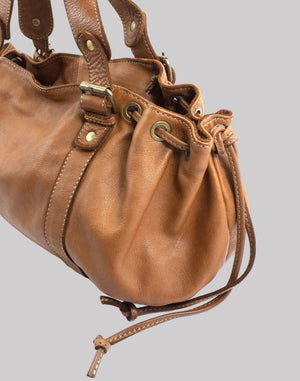 Distressed Smooth Leather Shoulder / Handbag with Side Drawstrings