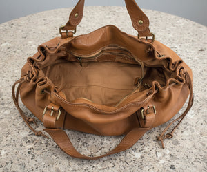 Distressed Smooth Leather Shoulder / Handbag with Side Drawstrings