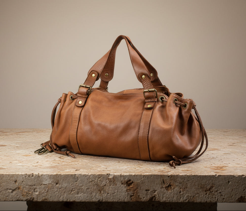 Distressed Smooth Leather Shoulder / Handbag with Side Drawstrings