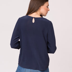 pure silk blouse 3/4 three quarter sleeves navy