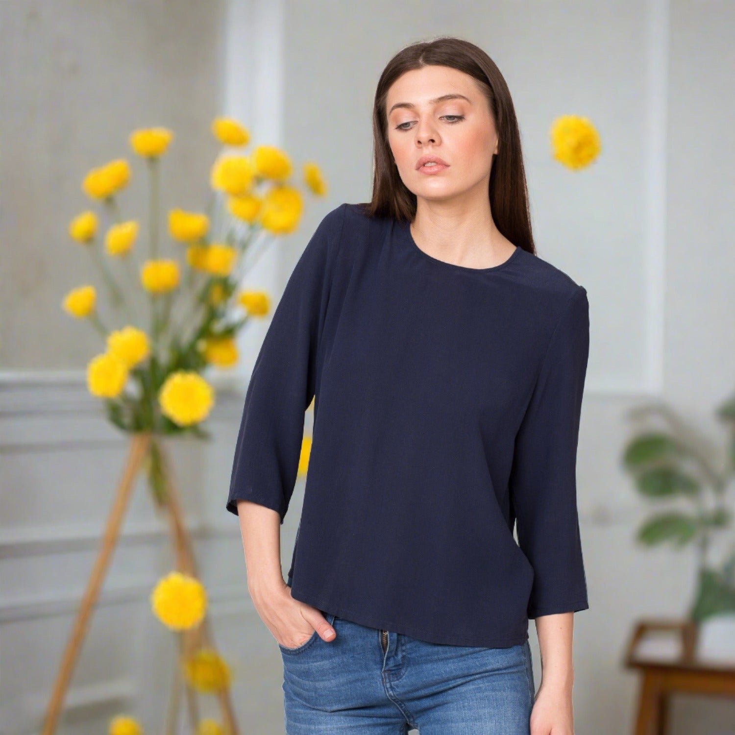 pure silk blouse 3/4 three quarter sleeves navy