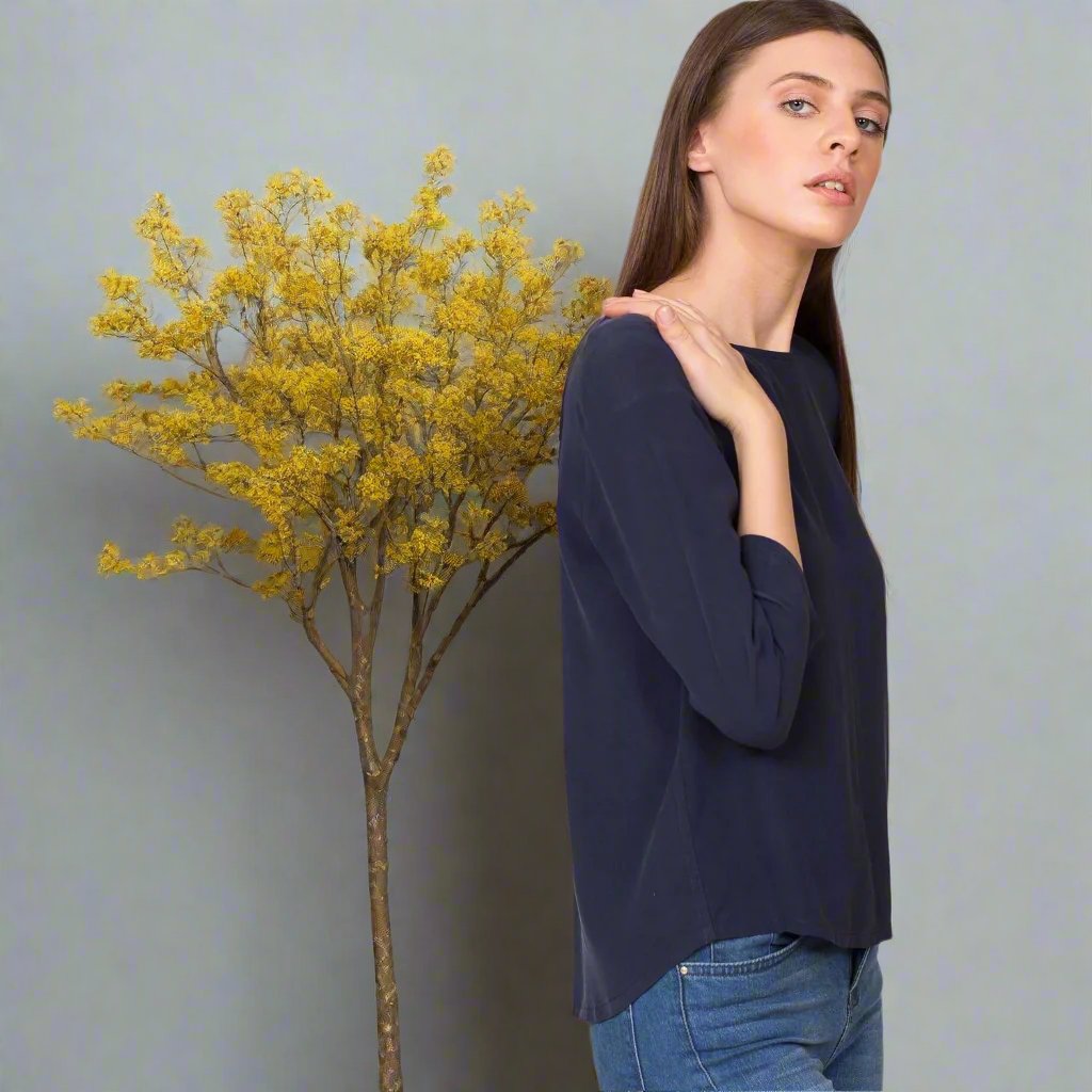 pure silk blouse 3/4 three quarter sleeves navy