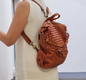 Convertible Leather Backpack with Woven Leather Top