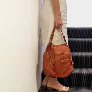 Convertible Multi-Pocket Leather Backpack / Shoulder Bag / Crossbody