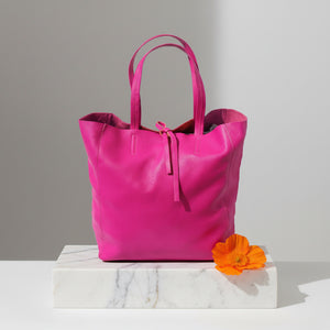 pink leather tote bag