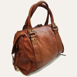 Distressed Leather City Bag in Cognac