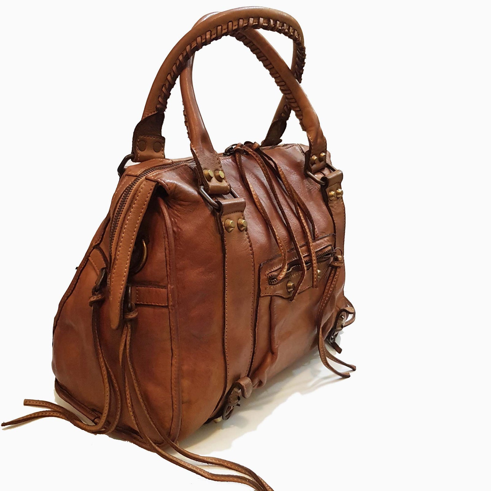 Distressed Leather City Bag in Cognac