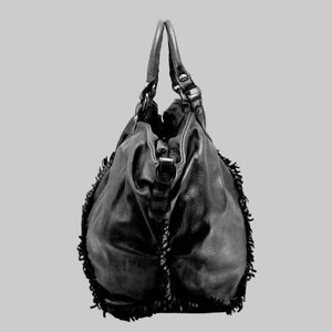 CLEARANCE One Left - Distressed Woven & Smooth Leather Hobo With Fringes