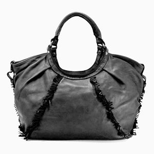 Distressed Woven & Smooth Leather Hobo With Fringes