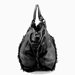 CLEARANCE One Left - Distressed Woven & Smooth Leather Hobo With Fringes