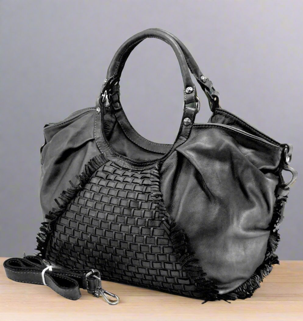 CLEARANCE One Left - Distressed Woven & Smooth Leather Hobo With Fringes