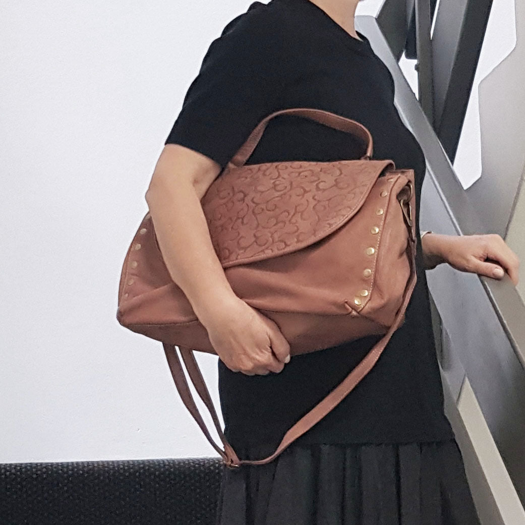 CLEARANCE One Left - Dusty Pink Laser Engraved Distressed Leather Bag