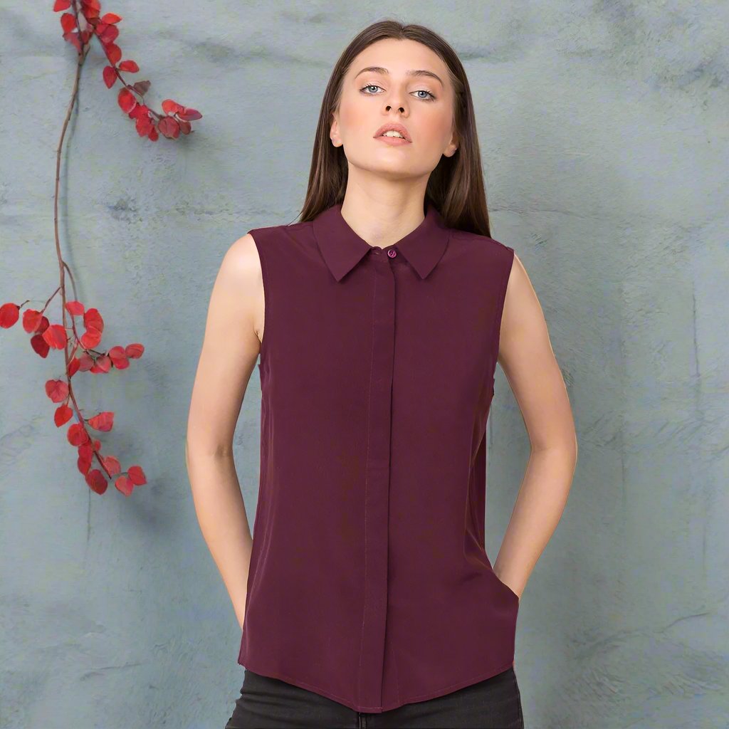 pure silk sleeveless collar shirt maroon mulberry