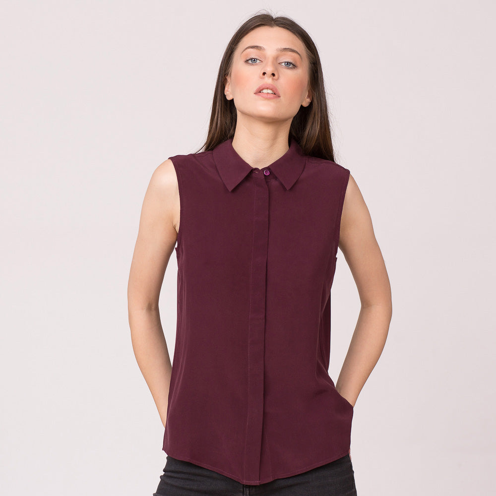pure silk sleeveless collar shirt maroon mulberry