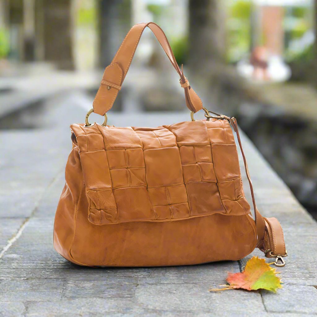 CLEARANCE One Left - Washed Leather Bag With Quilted Leather Squares