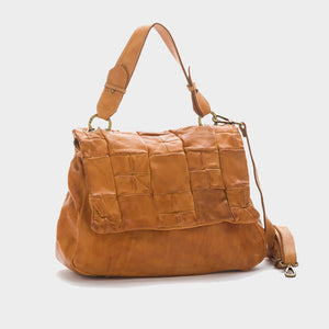 CLEARANCE One Left - Washed Leather Bag With Quilted Leather Squares