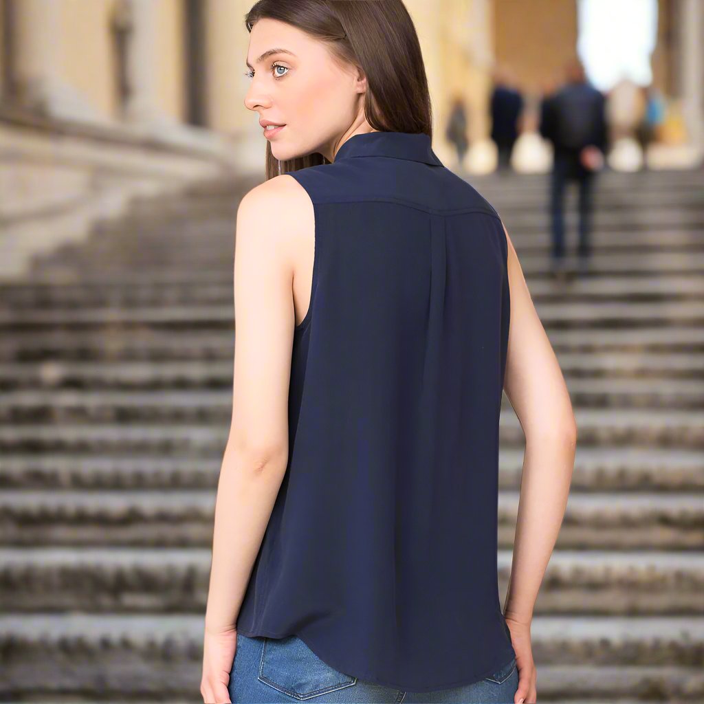 pure silk sleeveless collar shirt navy