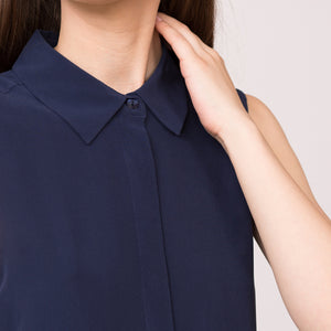 pure silk sleeveless collar shirt navy